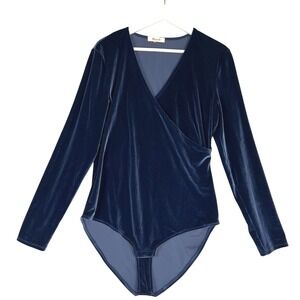 Madewell Navy Blue Velvet Wrap Long Sleeve Bodysuit XL